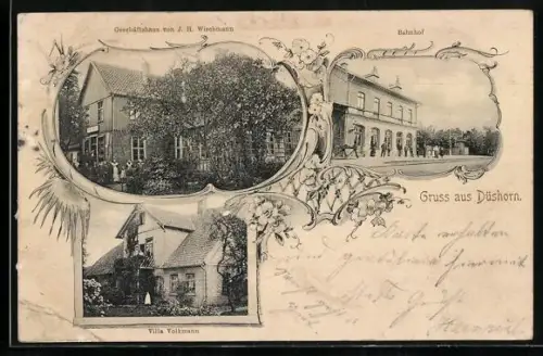 AK Düshorn, Geschäft von J. H. Wischmann, Bahnhof und Villa Volkmann