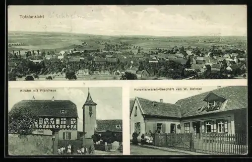 AK Bischheim i. Pfalz, Kolonialwaren-Geschäft von W. Dehmel, Kirche mit Pfarrhaus