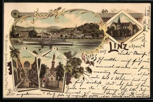 Lithographie Linz a. Rhein, Neuthor, Marien-Säule, Neues Gymnasium