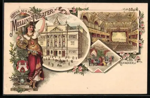 Lithographie Hannover, Mallini-Theater, Aufenthaltsraum, Theatersaal m. Bühne