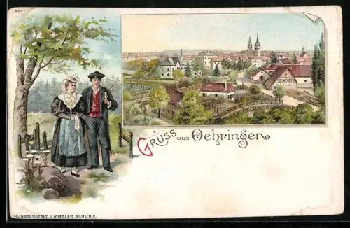Lithographie Oehringen, Panorama mit Kirche, Trachten