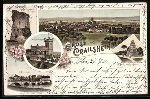 Lithographie Crailsheim, Ruine v. Kloster Anhausen, Jagstbrücke, Pyramide auf der Wilhelmshöhe, Generalansicht