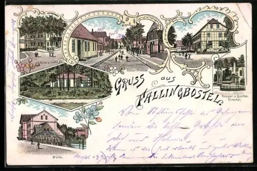 Lithographie Fallingbostel, Hotel z. Lieth, Cellerstrasse, Krieger- und Quintusdenkmal, Mühle