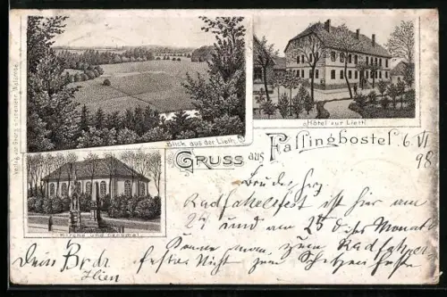 Lithographie Fallingbostel, Hotel zur Lieth, Kirche und Denkmal