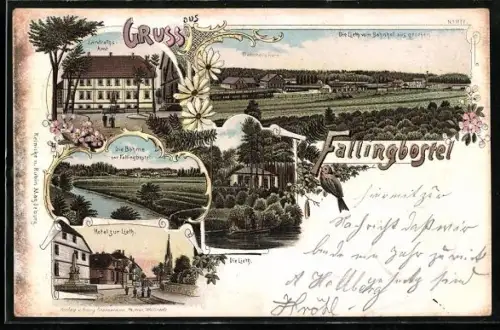 Lithographie Fallingbostel, Lieth vom Bahnhof aus, Hotel Lieth, Landratsamt