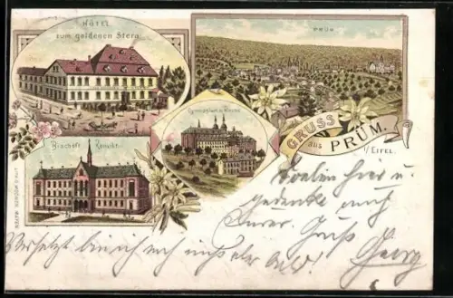 Lithographie Prüm, Hotel zum goldenen Stern, Bischöfl. Konvikt, Ortsansicht
