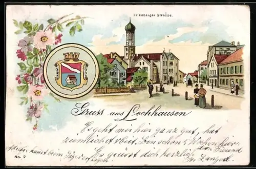Lithographie Lechhausen, Friedberger Strasse mit Kirche, Wappen, Blumen