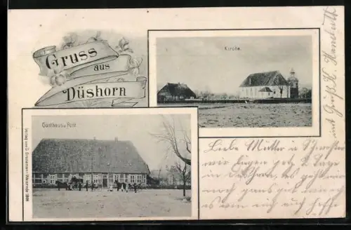 AK Düshorn, Gasthaus und Post, Kirchen-Panorama