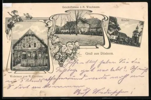 AK Düshorn, Geschäftshaus J. H. Wischmann, Wohnhaus von H. Carstens, Kirche