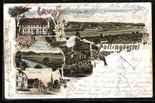 Lithographie Fallingbostel, Hotel zur Lieth, Landratsamt, Flusspartie und Ort