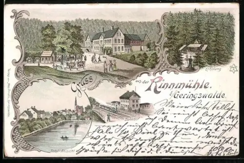 Lithographie Geringswalde, Gasthaus Rinnmühle, Totalansicht, Bahnhof