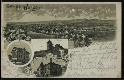 Mondschein-Lithographie Wangen, Rathaus, Wilhelmschule, Totalansicht