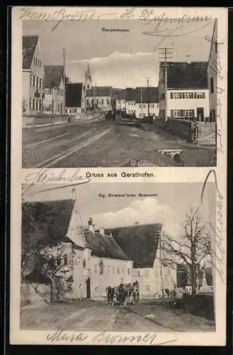 AK Gersthofen, Gg. Strassersche Brauerei, Hauptstrasse mit Kirche