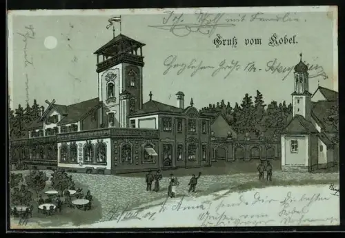Mondschein-Lithographie Kobel b. Augsburg, Gasthaus, Kirche und Aussichtsturm