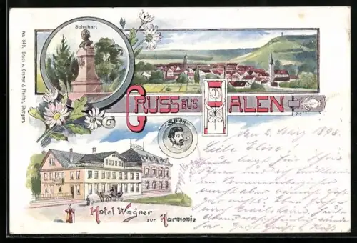 Lithographie Aalen, Hotel Wagner zur Harmonie, Schubart-Denkmal, Panorama