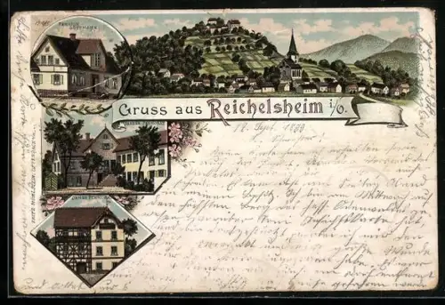 Lithographie Reichelsheim, Pension Göttmann, Herren-Pensionat, Damen-Pensinat