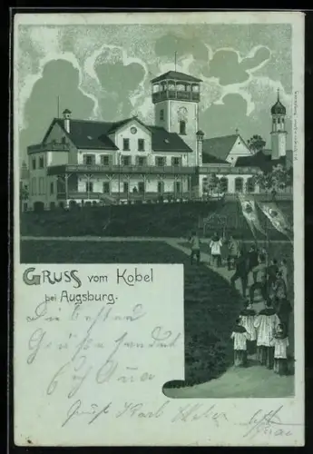Lithographie Kobel b. Augsburg, Kirche, Gasthaus und Aussichtsturm