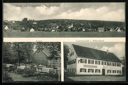 AK Leitershofen b. Augsburg, Gasthaus zum Mohrenkopf mit Garten, Panoramablick auf die Stadt