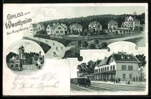 Lithographie Westheim b. Augsburg, Bahnhof, Kobel und Ortspartie aus der Vogelschau