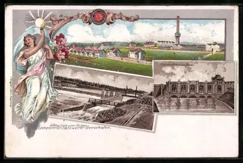 Lithographie Gersthofen, Lechelectrizitätswerk, Schleusenanlage, Ortsansicht aus der Vogelschau