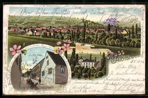 Lithographie Albisheim, Handlung von Friedr. Hitsch, Villa und Ortsansicht