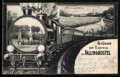 Grusskarten-AK Fallingbostel, Ansichten auf Eisenbahn, Marktplatz, Partie an der Böhme