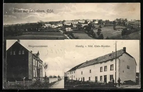 AK Leidenborn /Eifel, Handlung von Nikl. Klein-Munkler, Bürgermeisteramt und Gesamtansicht