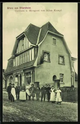 AK Ottersheim / Göllheim, Gasthaus-Metzgerei Adam Kumpf mit Strasse und kleiner Versammlung