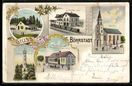 Lithographie Börrstadt, Gasthaus Theresienhof, Bes. Oskar Werst, Waldhaus, Bahnhof, Kirche