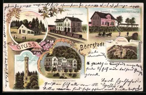 Lithographie Börrstadt, Bahnhof, Bahnhofs-Restaurant von Sebastian Demmerle, Villa Donnersberg