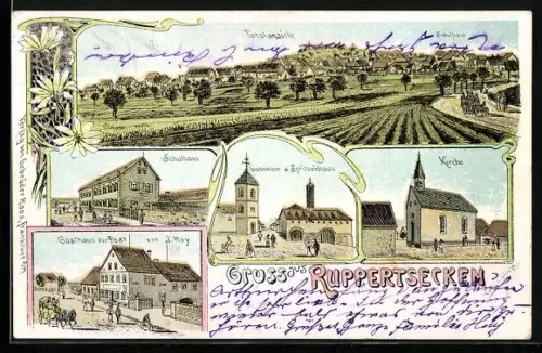 Lithographie Ruppertsecken, Gasthaus zur Post, Inh. J. Huy, Kirche und Spritzenhaus