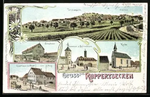 Lithographie Ruppertsecken, Gasthaus zur Post, Bes. J. Huy, Kirche, Schulhaus und Glockenturm