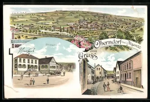 Lithographie Oberndorf bei Alsenz, Gasthaus von Ph. L. Bollenbach mit Strassenpartie