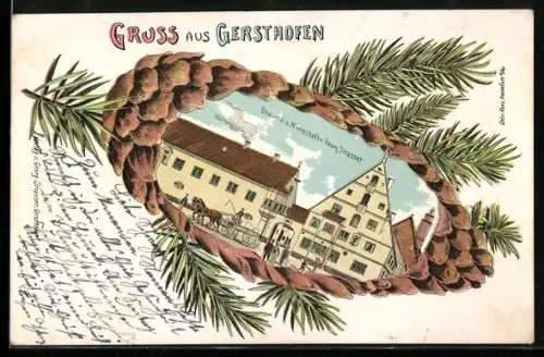 Passepartout-Lithographie Gersthofen, Brauerei und Gasthaus von Georg Strasser, Tannenzapfen