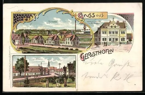 Lithographie Gersthofen, Gasthaus von A. Seitz, Ortsstrasse und Farbwerke