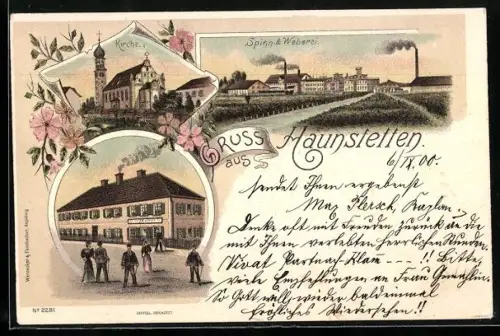 Lithographie Haunstetten, Gasthaus J. Kocher, Kirche und Weberei