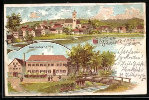 Lithographie Ottmarshausen bei Westheim, Gasthaus von R. Welz