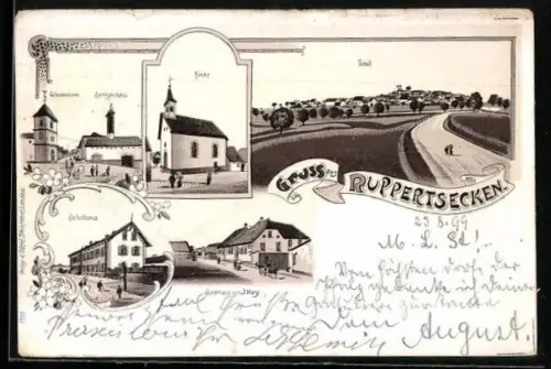 Lithographie Ruppertsecken, Totale, Schulhaus, Gasthaus v. J. Huy