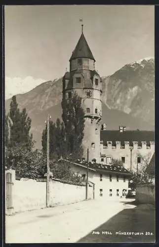 AK Hall, Münzerturm gegen die Berge