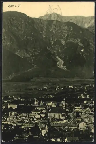 AK Hall i. T., Ortsansicht mit Gebirgspanorama