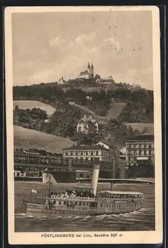 AK Pöstlingberg bei Linz, Dampfschiff mit Blick in den Ort