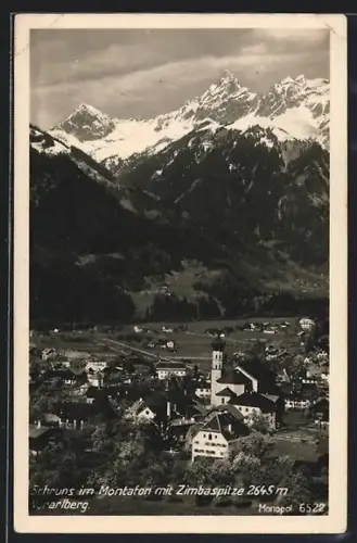AK Schruns im Montafon, Ortspanorama mit Zimbaspitze
