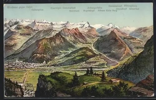 Lithographie Bludenz, Panorama gegen Osten mit Tal und Gebirgskulisse