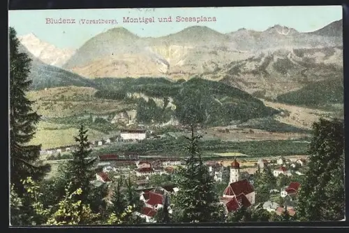 AK Bludenz /Vorarlberg, Panorama mit Ort, Montigel und Scesaplana