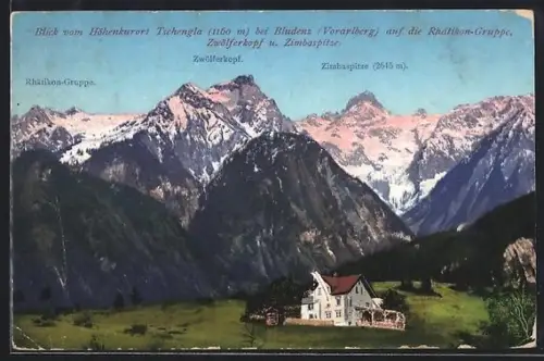 AK Tschengla bei Bludenz, Blick vom Höhenkurort auf die Rätikon-Gruppe mit Zwölferkopf und Zimbaspitze