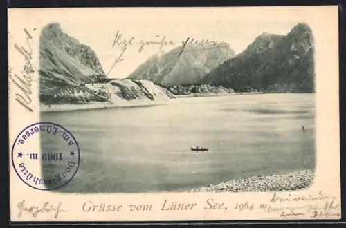 AK Vandans, Lüner See, Panorama mit Bergsee und Ruderboot