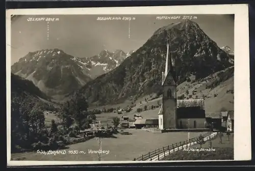 AK Brand /Vorarlberg, Ortsansicht mit Kirche und Gebirgspanorama