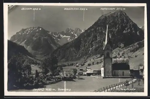 AK Brand /Vorarlberg, Kirche mit Gebirgspanorama