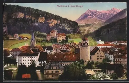 AK Feldkirch /Vorarlberg, Stadtpanorama mit Schloss, Turm und Kirche