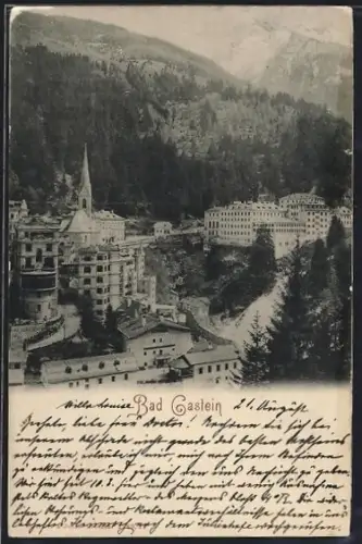 AK Bad Gastein, Panorama mit Hotels, Kirche und Wasserfall